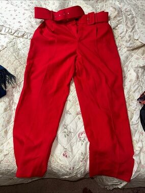 Red High-Waist Belted Trousers